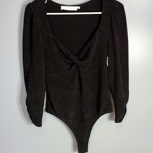 Black ASTR Bodysuit with Plunge Neckline, Twist Front Textured